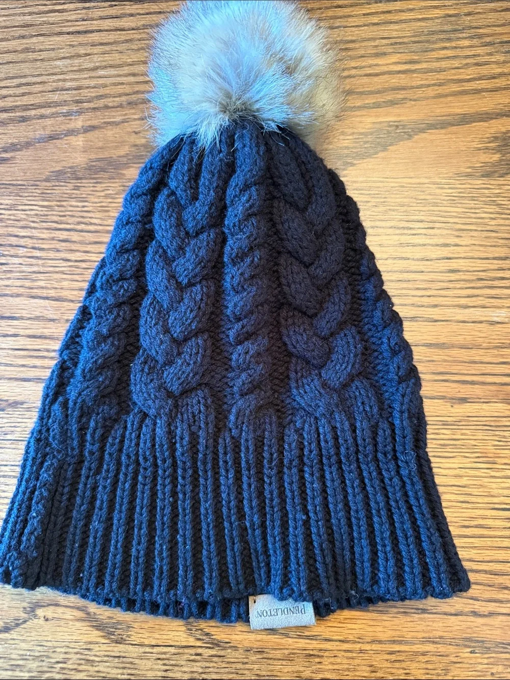 Pendleton Cable Knit Beanie Faux Fur Pom lambs Wool Blend Black
